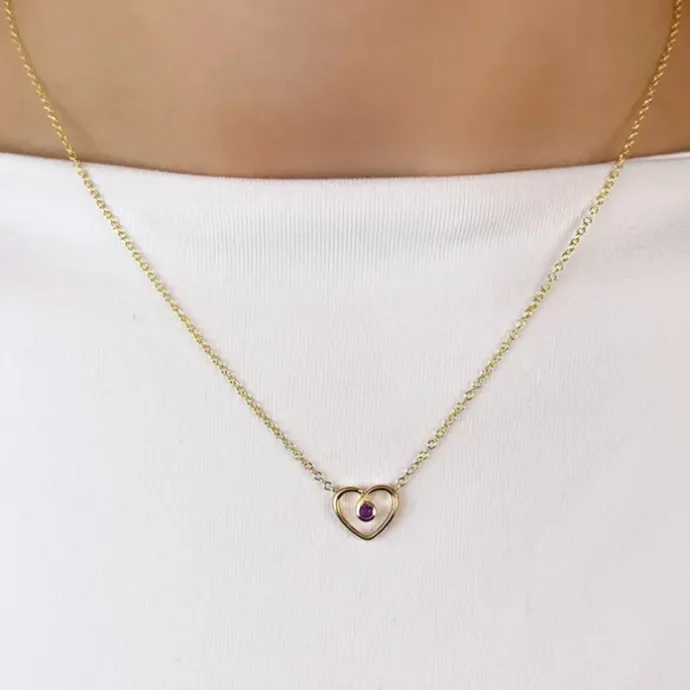 42 cm hjerte ametyst vedhæng med halskæde i 14 karat guld 0,05 ct