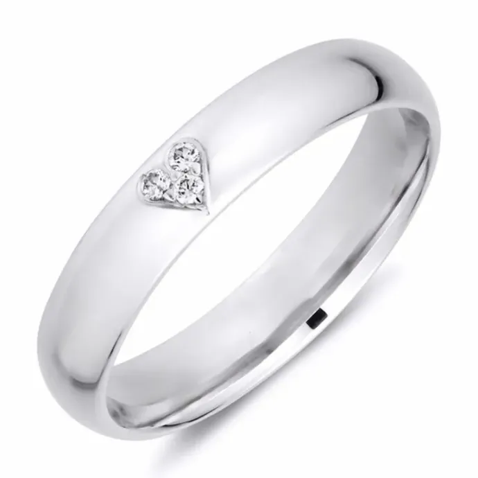 4 mm hjerte diamant vielsesring i 9 karat hvidguld 0,01 ct