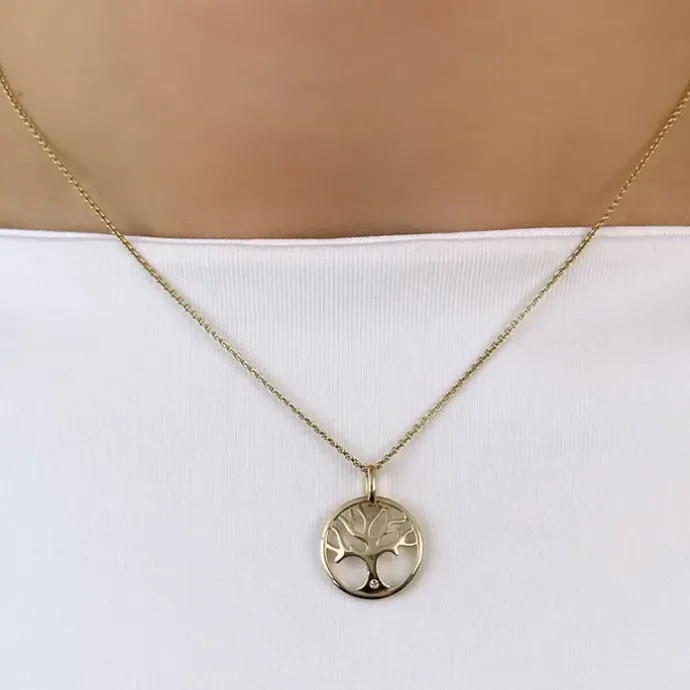 15 mm livets træ diamant vedhæng i 14 karat guld 0,01 ct