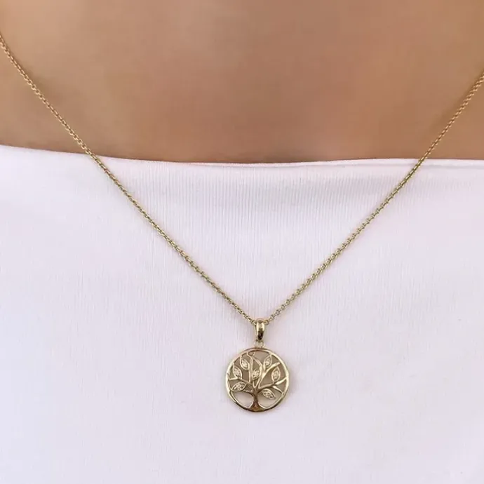 13 mm livets træ diamant vedhæng i 14 karat guld 0,052 ct