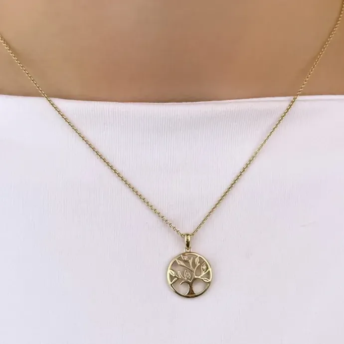 13 mm livets træ diamant vedhæng i 14 karat guld 0,018 ct