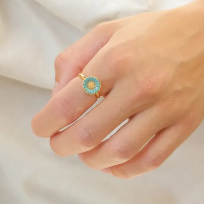 11 mm marguerit blå ring i forgyldt sølv - Marie