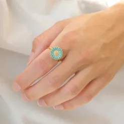 14 mm marguerit blå ring i forgyldt sølv - Marie
