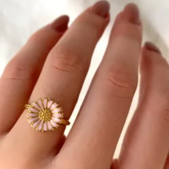 12 mm marguerit lyserød ring i forgyldt sølv - Marie