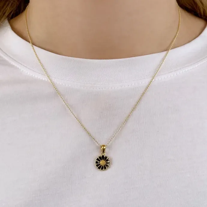 11 mm marguerit sort halskæde i forgyldt sølv - Marie