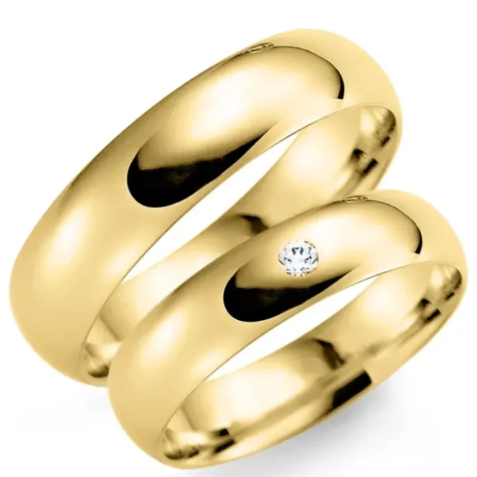 6 mm vielsesringe i 9 karat guld 0,03 ct - sæt