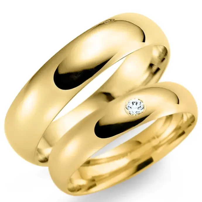 6 og 5 mm vielsesringe i 9 karat guld 0,03 ct - sæt