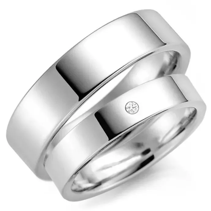6 og 5 mm vielsesringe i 9 karat hvidguld 0,03 ct - sæt