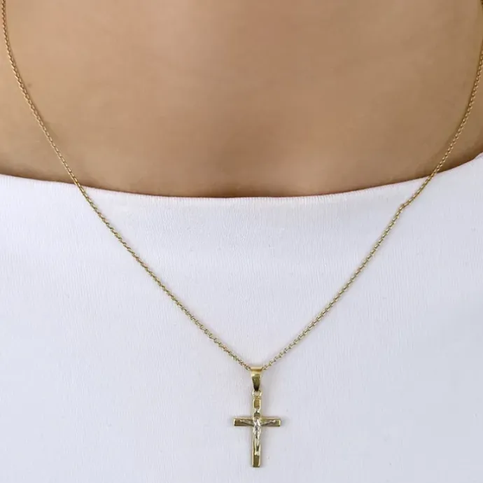 19 x 11 MM kors med jesus vedhæng i 9 karat guld og hvidguld