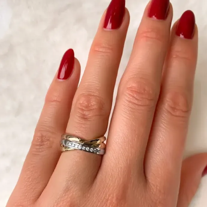 Abstrakt diamant ring i 14 karat alm.- hvid- og rødguld 0,09 ct