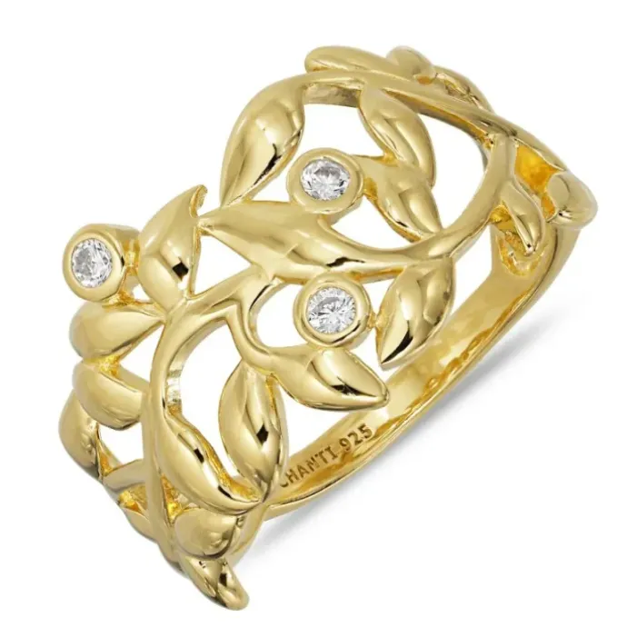 Blad zirkon ring i forgyldt sølv