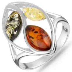 Blomster rav ring i sølv