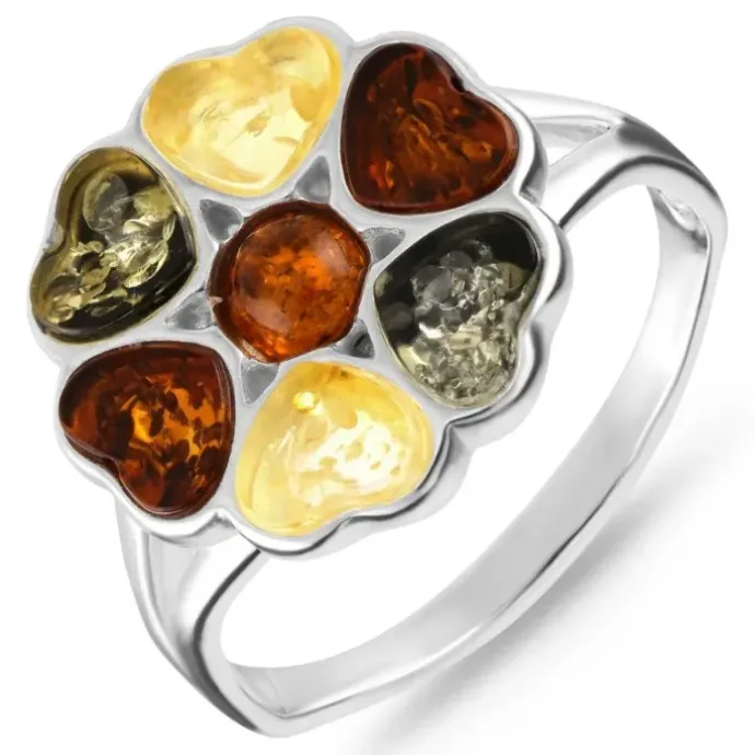 Blomster rav ring i sølv
