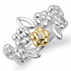 Blomster zirkon ring i sølv med 9 karat guld