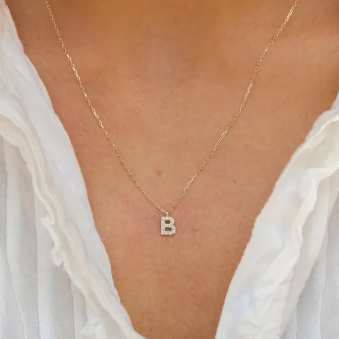 Bogstav B zirkon Halskæde med vedhæng i 8 karat guld