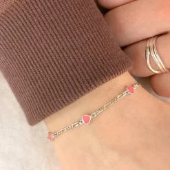 Børne Nordahl Andersen hjerte armbånd i rhodineret sølv lyserød emalje