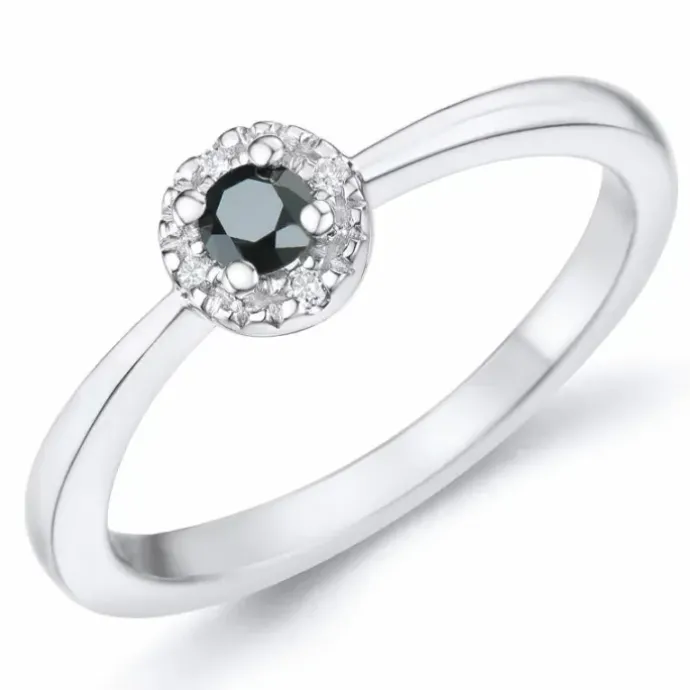 Elegant sort diamant brillantring i 14 karat hvidguld 0,11 ct 0,02 ct