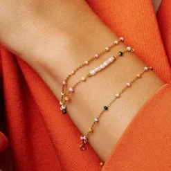 Enamel Lola Tropical armbånd i forgyldt sølv lyserød emalje pink emalje hvid emalje