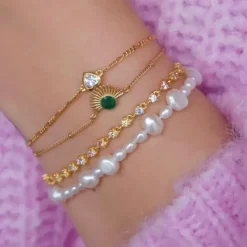 Enamel Pearlie perle armbånd i forgyldt sølv