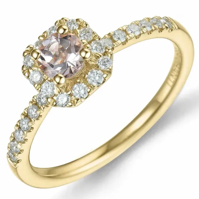 Firkantet morganit brillantring i 14 karat guld 0,22 ct 0,246 ct
