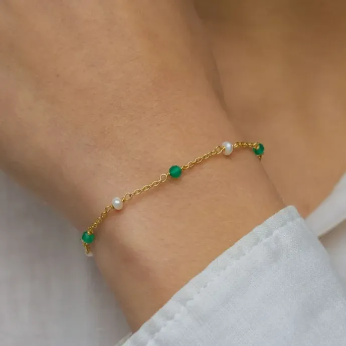 Grøn onyks armbånd i forgyldt sølv x 4 mm