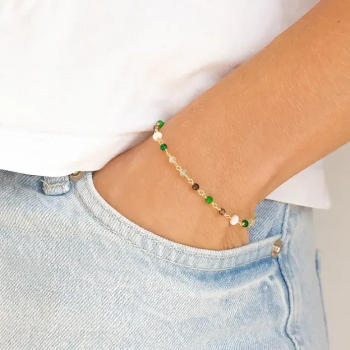 Grøn sten armbånd i forgyldt sølv 16 + 3 cm x 3,2 mm