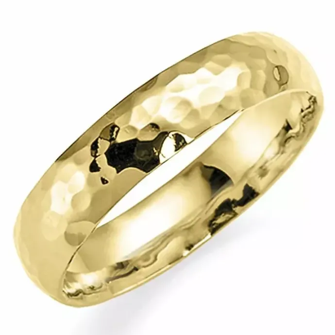 Hamret 5 mm vielsesring i 14 karat guld
