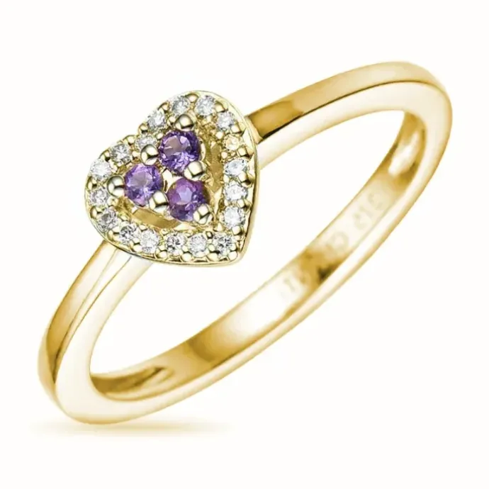 Hjerte ametyst diamantring i 9 karat guld 0,07 ct 0,05 ct