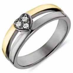 Hjerte hvid zirkon ring i sort rhodineret sølv med forgyldt sølv