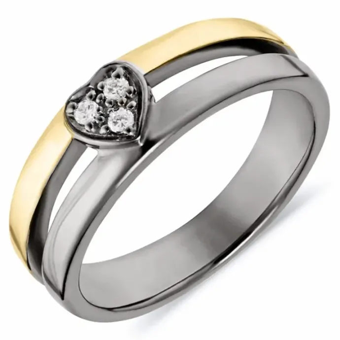 Hjerte hvid zirkon ring i sort rhodineret sølv med forgyldt sølv