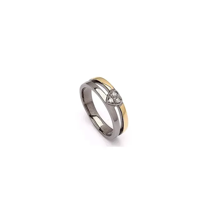 Hjerte hvid zirkon ring i sort rhodineret sølv med forgyldt sølv