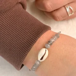 Kvarts shell musling armbånd i silke snor 17 cm plus 4 cm x 10 mm