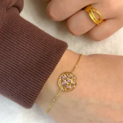 Livets træ armbånd i forgyldt sølv med vedhæng i forgyldt sølv