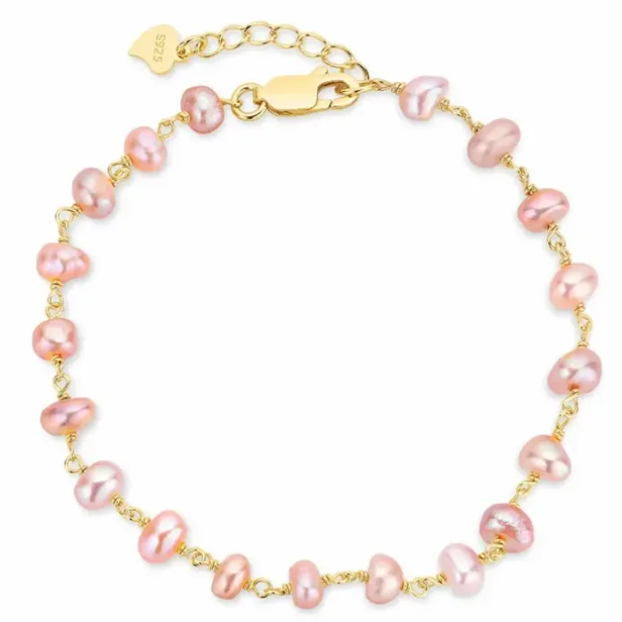 Lyserød perle armbånd i forgyldt sølv 17 plus 3 cm x 4-5 mm