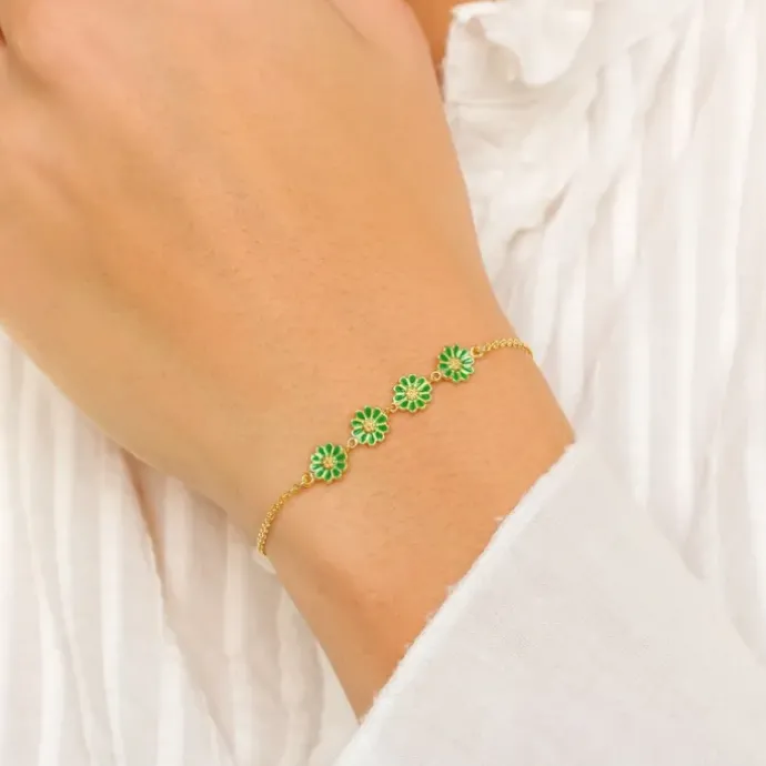 Marguerit mørk grøn armbånd i forgyldt sølv - Maggie