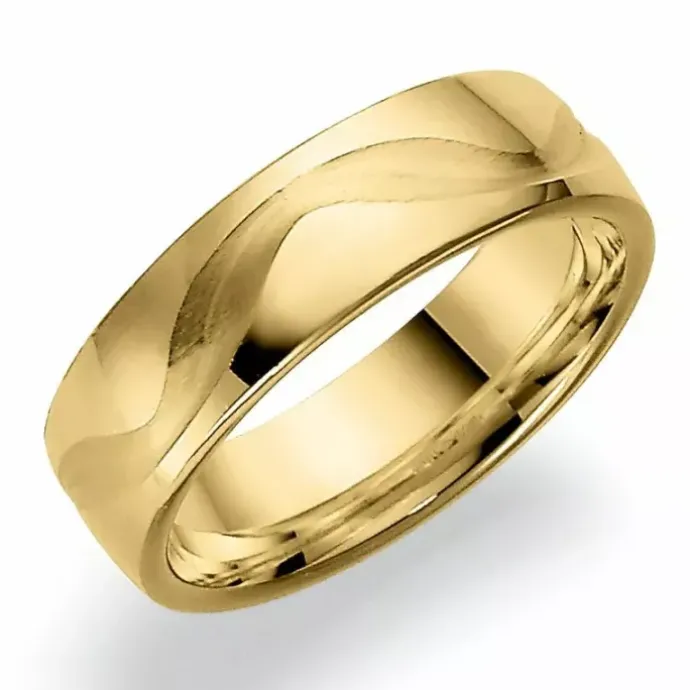 Mønstret 6 mm vielsesring i 9 karat guld