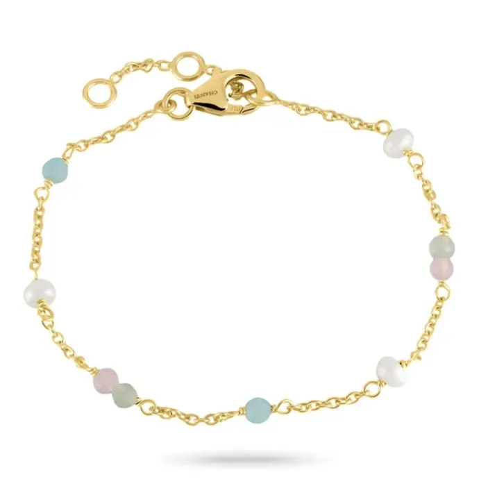 Multifarvet sten armbånd i forgyldt sølv 16 + 3 cm x 3,5 mm