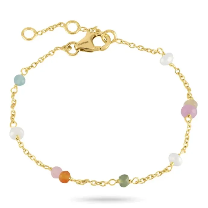 Multifarvet sten armbånd i forgyldt sølv 16 + 3 cm x 3,5 mm