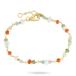 Multifarvet sten armbånd i forgyldt sølv 16 + 3 cm x 4,3 mm