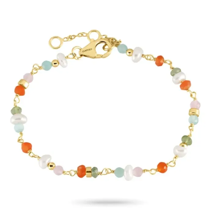 Multifarvet sten armbånd i forgyldt sølv 16 + 3 cm x 4,3 mm