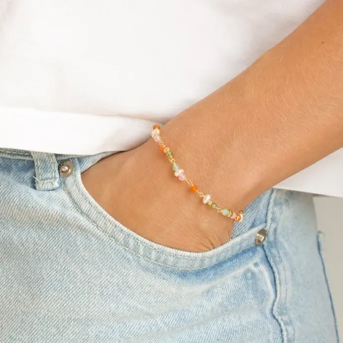Multifarvet sten armbånd i forgyldt sølv 16 + 3 cm x 4,3 mm