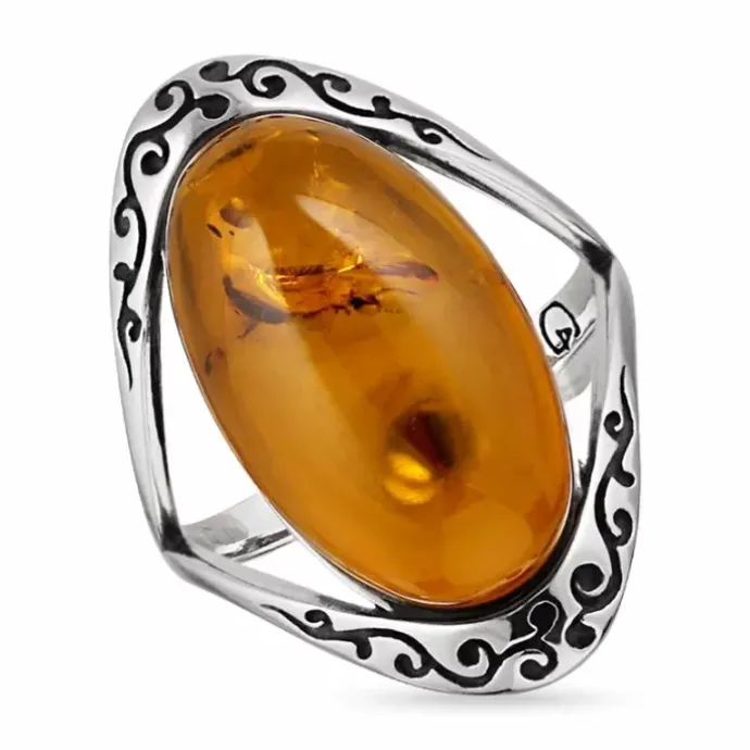 Oval abstrakt rav ring i sølv
