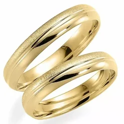 Ru og blank 4 mm vielsesringe i 14 karat guld - sæt