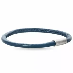 Rund blå armbånd i læder med stål lås x 4 mm