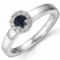 Rund safir diamantring i 14 karat hvidguld 0,23 ct 0,10 ct