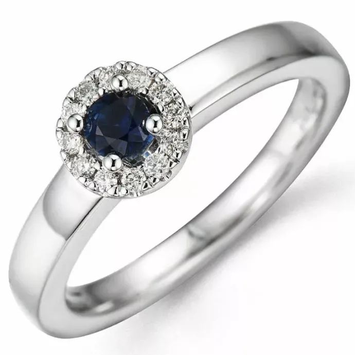 Rund safir diamantring i 14 karat hvidguld 0,23 ct 0,10 ct