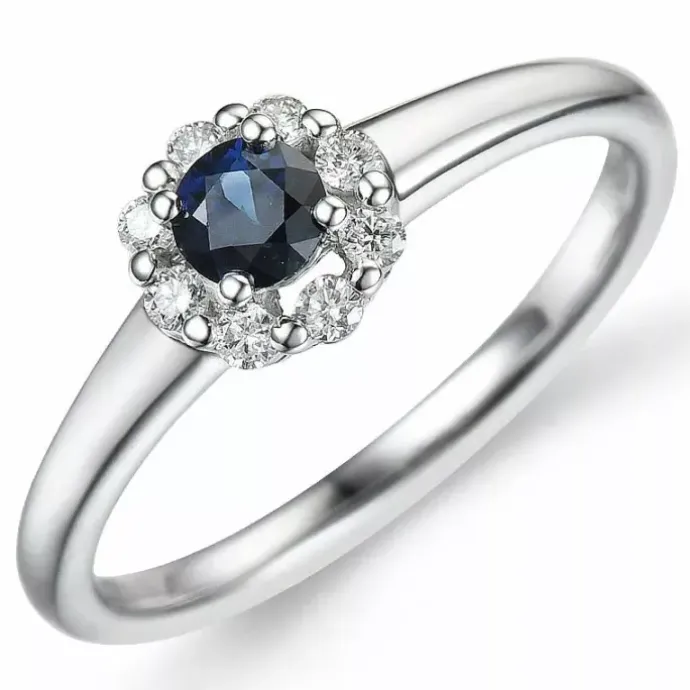 Rund safir diamantring i 14 karat hvidguld 0,30 ct 0,12 ct