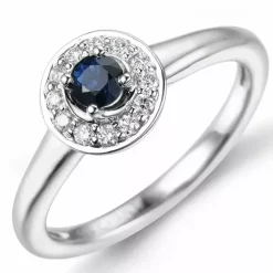 Rund safir diamantring i 14 karat hvidguld 0,30 ct 0,13 ct