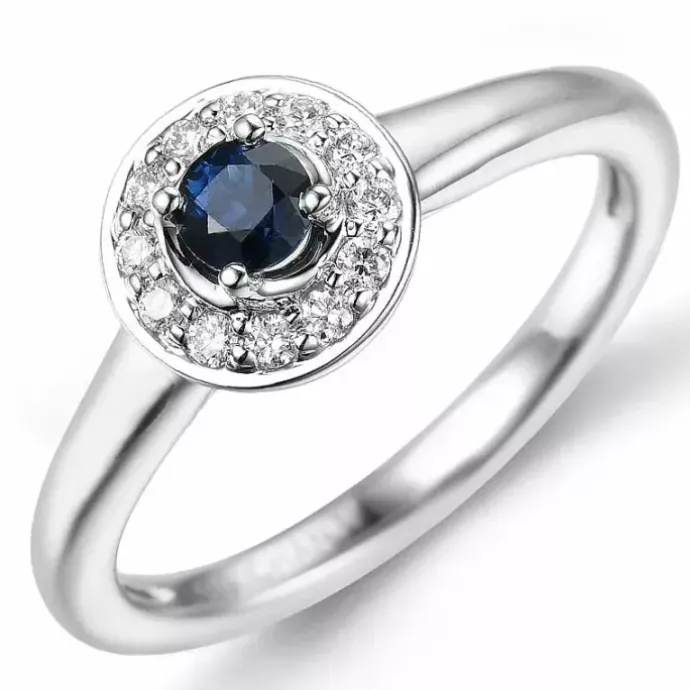 Rund safir diamantring i 14 karat hvidguld 0,30 ct 0,13 ct