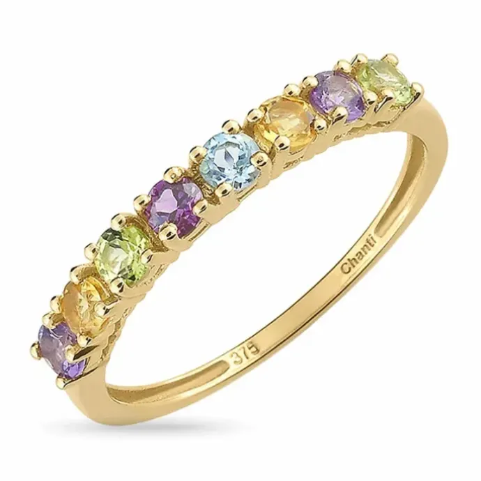 Smal multifarvet ring i 8 karat guld